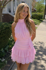 Candy Pink Halter Chiffon Tiered Ruffled A-Line Homecoming Dress