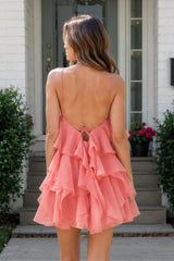Coral Pink Ruffled Chiffon Halter Asymmetrical A-Line Homecoming Dress