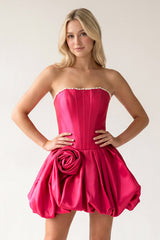 Fuchsia A-Line Bubble Hem Satin Strapless Corset Homecoming Dress