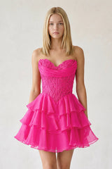 Red Ruffled A-Line Chiffon Sweetheart Corset Homecoming Dress With Beading