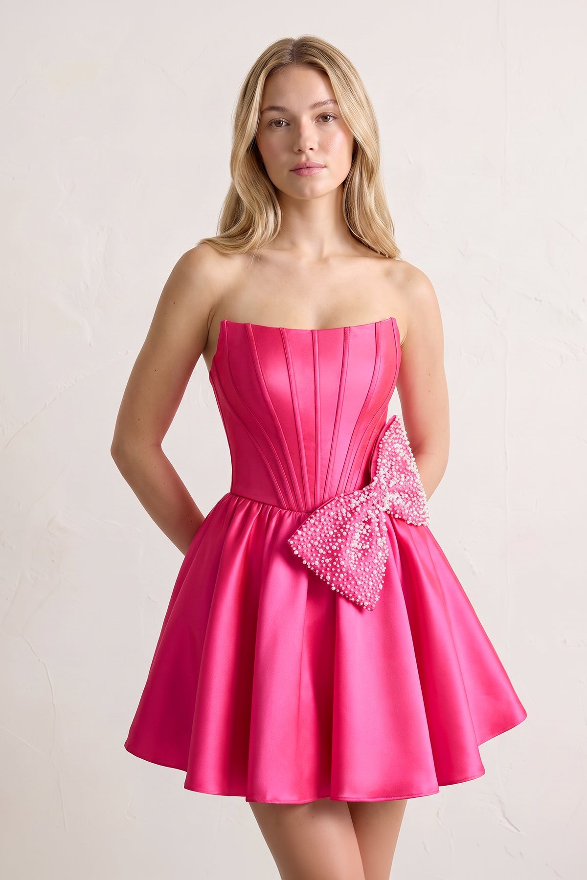 Fuchsia Strapless A-Line Satin Mini Corset Homecoming Dress With Bow