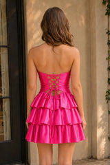 Fuchsia Sweetheart Ruffled A-Line Cut-Out Satin Homecoming Dress