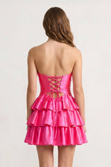 Fuchsia Sweetheart Ruffled A-Line Cut-Out Satin Homecoming Dress