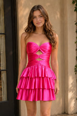 Fuchsia Sweetheart Ruffled A-Line Cut-Out Satin Homecoming Dress