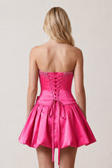 Hot Pink Rhinestones Sweetheart Ruched A-Line Homecoming Dress With Bow