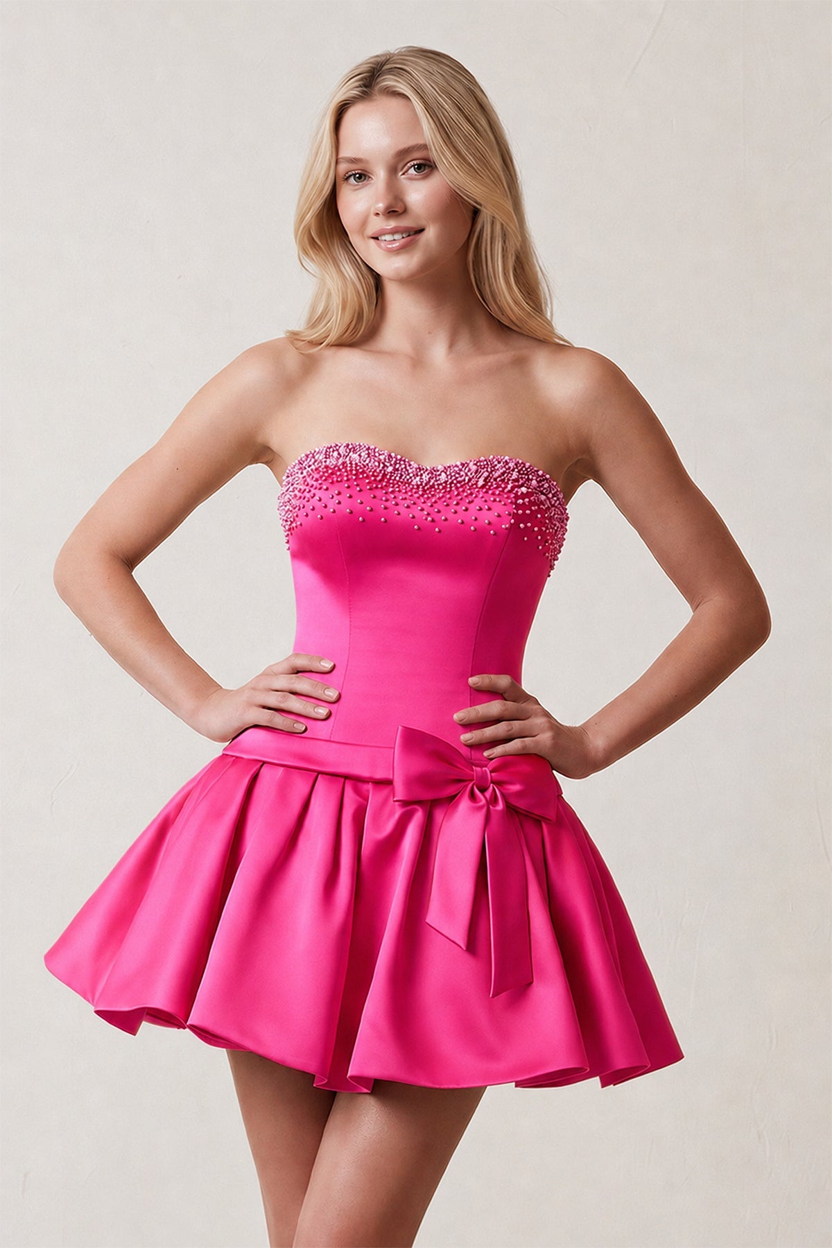 Hot Pink Rhinestones Sweetheart Ruched A-Line Homecoming Dress With Bow