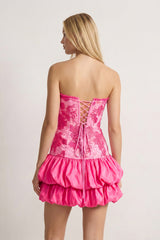 Hot Pink Strapless Embroidered Flower Ruched A-Line Homecoming Dress