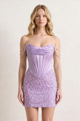 Aqua Off-the-Shoulder Satin Sheath Corset Homecoming Dress With Pearl