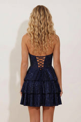 Navy Blue Halter Ruffled A-Line Corset Homecoming Dress With Beading