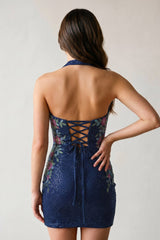 Navy Blue Sheath Halter Floral Homecoming Dress With Beading