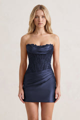Navy Strapless Appliqued Sheath Satin Corset Homecoming Dress