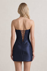 Navy Strapless Appliqued Sheath Satin Corset Homecoming Dress