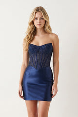 Navy Blue Strapless Bodycon Satin Corset Homecoming Dress With Beading