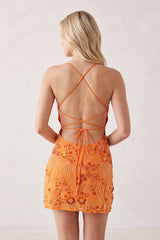 Orange Spaghetti Straps Sheath Embroidered Tulle Homecoming Dress