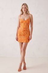Orange Spaghetti Straps Sheath Embroidered Tulle Homecoming Dress