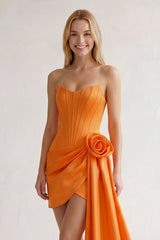 Orange Sweetheart Satin Corset 3D Flower Homecoming Dress With Ribbon