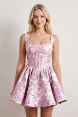 Blue A-Line Square Neck Jacquard Corset Homecoming Dress With Pearl
