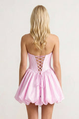 Pink Bowknot Sweetheart Bubble Hem A-Line Satin Homecoming Dress