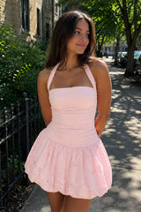 Pink Halter Jacquard Chiffon A-Line Homecoming Dress