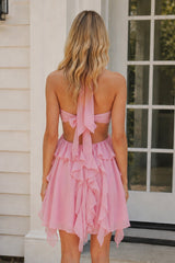 Pink Halter Ruffled A-Line Cut-Out Chiffon Homecoming Dress with 3D Flower