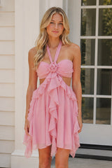 Pink Halter Ruffled A-Line Cut-Out Chiffon Homecoming Dress with 3D Flower