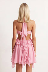 Pink Halter Ruffled A-Line Cut-Out Chiffon Homecoming Dress with 3D Flower