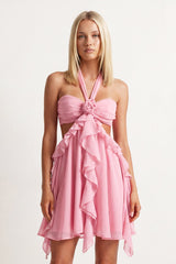 Pink Halter Ruffled A-Line Cut-Out Chiffon Homecoming Dress with 3D Flower