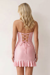 Pink Halter Sheath Satin Corset Homecoming Dress With Beading