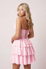 Pink Halter Tiered Satin A-Line Corset Homecoming Dress With Pearl