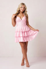 Pink Halter Tiered Satin A-Line Corset Homecoming Dress With Pearl