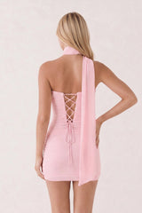 Pink Halter Tulle Sheath Ruched Homecoming Dress With Lace-Up Back