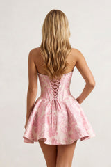 Pink Jacquard A-Line Strapless Corset Homecoming Dress With Pearl