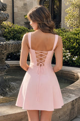 Pink Lace Sweetheart A-Line Satin Homecoming Dress With Lace-Up Back