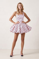 Pink Polka Dots Halter Satin Bubble Hem A-Line Homecoming Dress