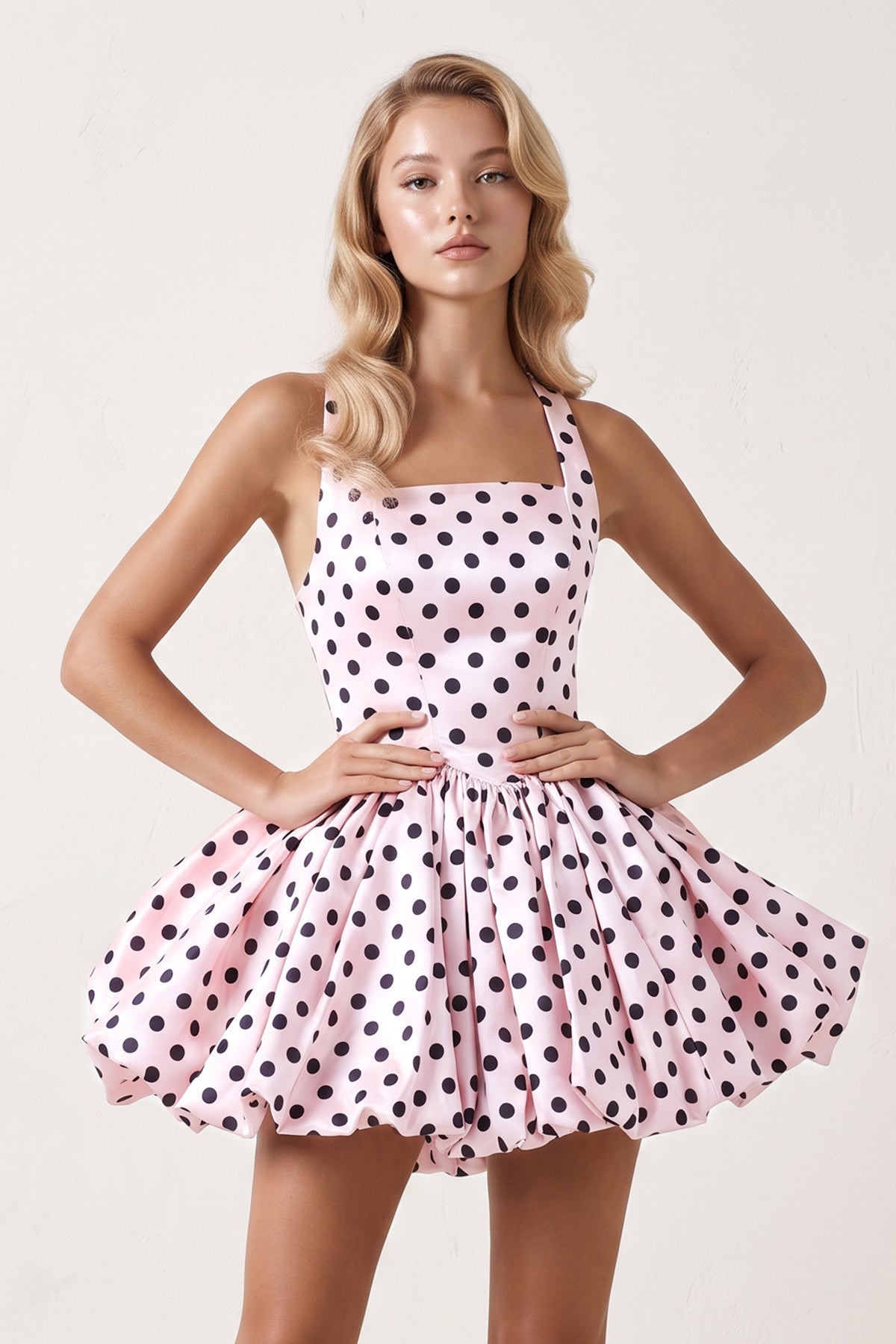 Pink Polka Dots Halter Satin Bubble Hem A-Line Homecoming Dress