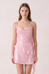 Pink Spaghetti Straps Sequin Ruched Ruffled Sheath Homecoming Dress