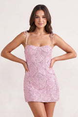 Pink Sparkly Sequin Sheath Bow Spaghetti Straps Homecoming Dress