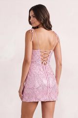 Pink Sparkly Sequin Sheath Bow Spaghetti Straps Homecoming Dress