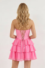 Pink Strapless Tiered A-Line Ruffled Chiffon Appliqued Homecoming Dress