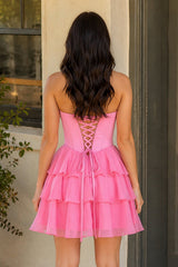 Pink Strapless Tiered A-Line Ruffled Chiffon Appliqued Homecoming Dress