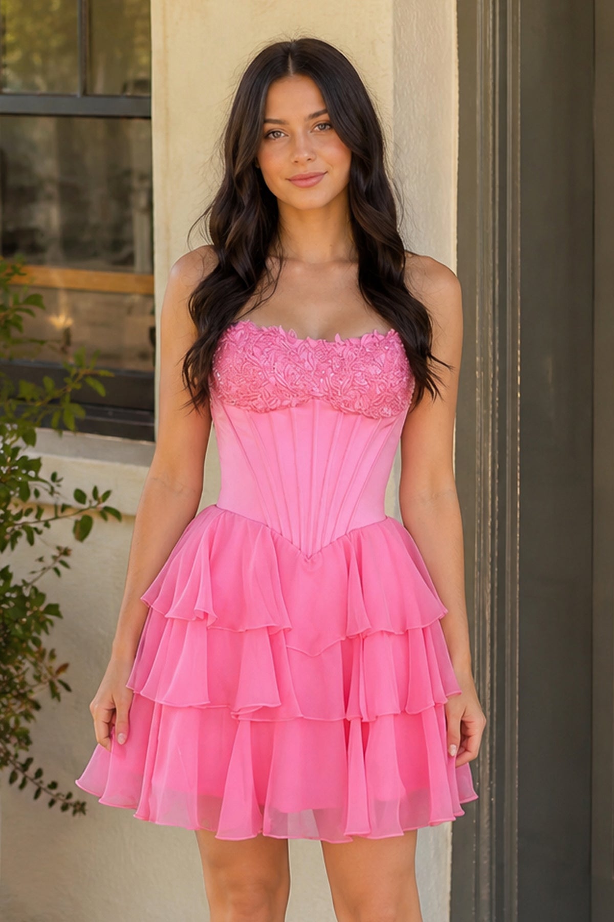 Pink Strapless Tiered A-Line Ruffled Chiffon Appliqued Homecoming Dress