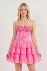 Pink Strapless Tiered A-Line Ruffled Chiffon Appliqued Homecoming Dress