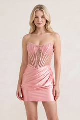 Pink Sweetheart Sheath Satin Corset Ruched Homecoming Dress With Beading