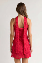 Red Jacquard Chiffon Cami Straps Sheath Homecoming Dress with Scarf