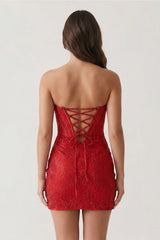 Red Sparkly Beaded Strapless Sheath Corset Homecoming Dress
