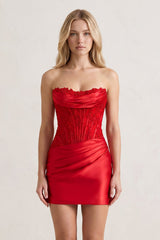 Navy Strapless Appliqued Sheath Satin Corset Homecoming Dress