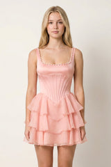 Rose Pink Square Neck Tiered A-Line Corset Satin Homecoming Dress With Pearl