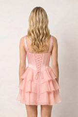 Rose Pink Square Neck Tiered A-Line Corset Satin Homecoming Dress With Pearl