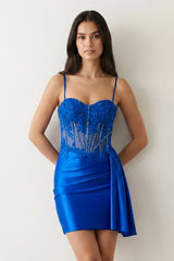 Royal Blue Cami Straps Sheath Satin Corset Appliqued Homecoming Dress