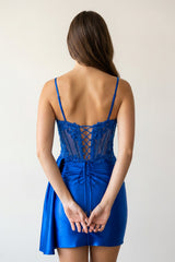 Royal Blue Cami Straps Sheath Satin Corset Appliqued Homecoming Dress
